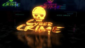 Cyber crime with skull futuristic cyberpunk style animation. Abstract modern cyber city 3d rendering with glitch effect. Modern cyberspace intro of cybernetic attack, hacking, phishing and malware. - Powered by Shutterstock - Get 15% off with code: PIKWIZARD15