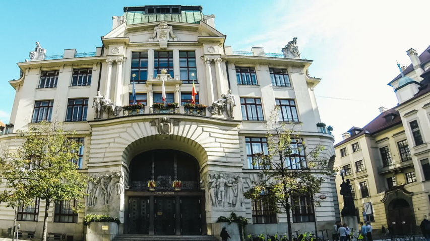 Facade view of Prague City Hall (Czech: Magistrat HMP (hlavniho mesta Prahy)) at Marianske namesti square, Czech Republic. Time Lapse. FullHD video