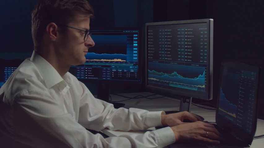 Trader working in office at night using workstation and analysis technology. Stock markets, crypto currency, global business, financial trading and banking. | Shutterstock HD Video #1042767433