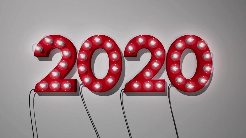 The Year 2020 made up of flashing lightbulbs, with red numbers, the numbers flash in four different styles and can also be looped, red numbers on a white background with wires hanging down. | Shutterstock HD Video #1042767451