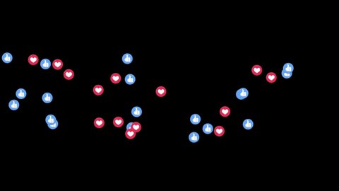 Animation of group of thumbs up and heart emoji icons flying from right to left on black background