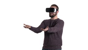 Technology, virtual reality, entertainment and people concept - smiling man with vr headset or 3d glasses playing video game