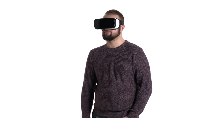 Man in virtual digital glasses touching virtual object. Imitation of touching female body. Cool high tech devices usage concept