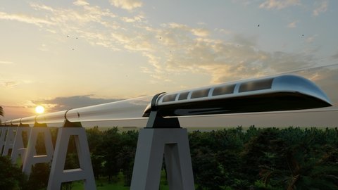 Maglev Monorail hyperloop on cloudy background. 3d illustration. Future technology illustration. Virtual travel. 3d render