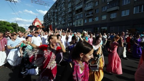 UKRAINE, DNEPR - MAY 19, 2018: Vaishnava Vedic festival, the festival of chariots Ratha Yatra in May 19 2018 in Dnepr Ukraine