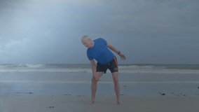 Animation of network of connections with a Caucasian man stretching by the sea in the background - Powered by Shutterstock - Get 15% off with code: PIKWIZARD15