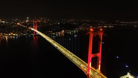 Aerial Night view of Istanbul, Bosphorus with illuminated Bridges. Cinematic panorama. Smooth flowing, heavy traffic during rush hour on Bosporus Bridge. Hundreds of thousands of vehicles use Istanbul