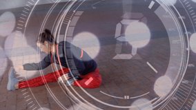 Animation of data and numbers processing and with a young woman stretching in an urban park in the background - Powered by Shutterstock - Get 15% off with code: PIKWIZARD15