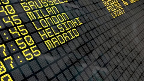 Close-up of an airport departure board to european cities destinations, with environment reflection.Part of a series. 4k video resolution (4096x2304).
