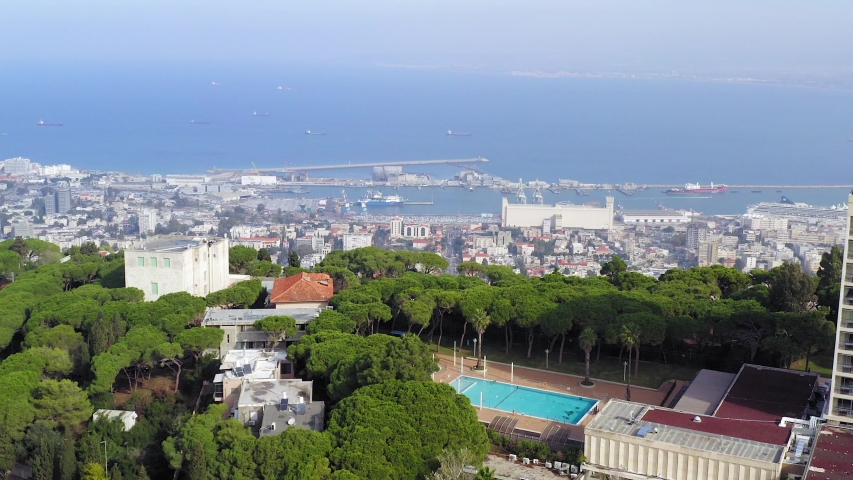 Aerial view of The Bahai Temple and Gardens over the ridge of Mount Carmel, Haifa.