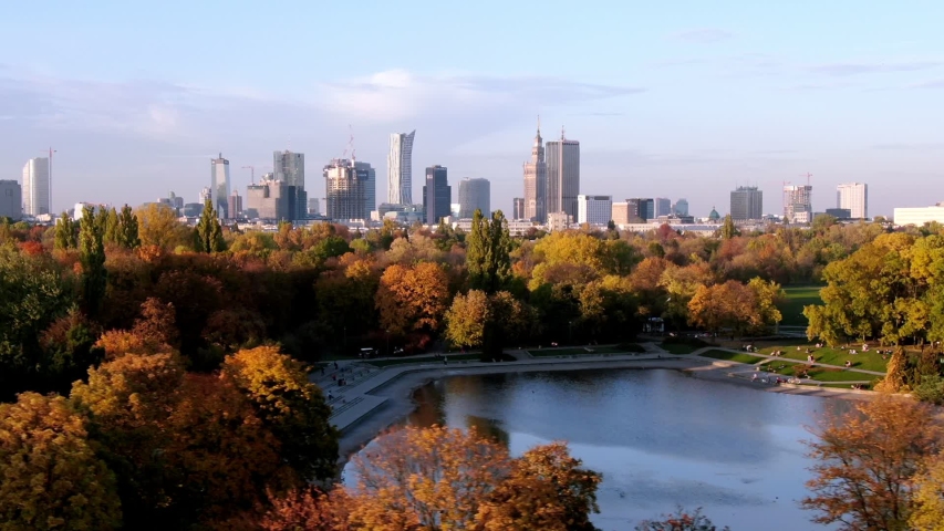 Autumn, view of the center of Warsaw from above Mokotowskie Field, drone flight over Pole Mokotowskie Royalty-Free Stock Footage #1042812892