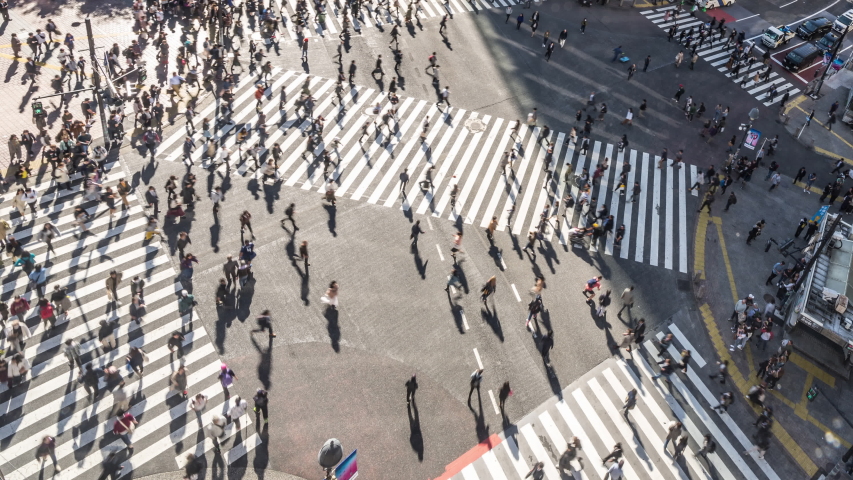 4K Time-lapse of Shibuya scramble crossing, crowded people walk, car traffic transport. High angle view, zoom out. Tokyo tourist attraction, Japan tourism, Asia transportation, Asian city life concept Royalty-Free Stock Footage #1042819039