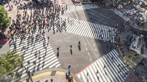 4K Time-lapse of Shibuya scramble crossing, crowded people walk, car traffic transport. High angle view, zoom out. Tokyo tourist attraction, Japan tourism, Asia transportation, Asian city life concept