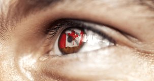 man with brown eyes in close up, the flag of Canada in iris with wind motion. video concept