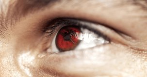 man with brown eyes in close up, the flag of Albania in iris, with wind motion. video concept