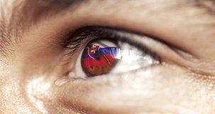 man with brown eyes in close up, the flag of slovakia in iris with wind motion. video concept