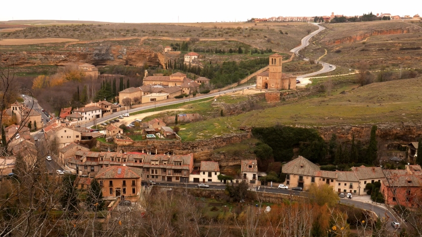 High perspective view of Church of Vera Cruz, a historic 13th-century Catholic church with a unique 12-sided exterior built by the Knights Templar in Segovia, Spain