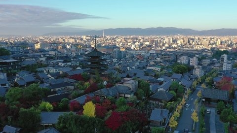 Aerial view 4k video by drone of Yasaka Pagoda in Kyoto city, Japan.