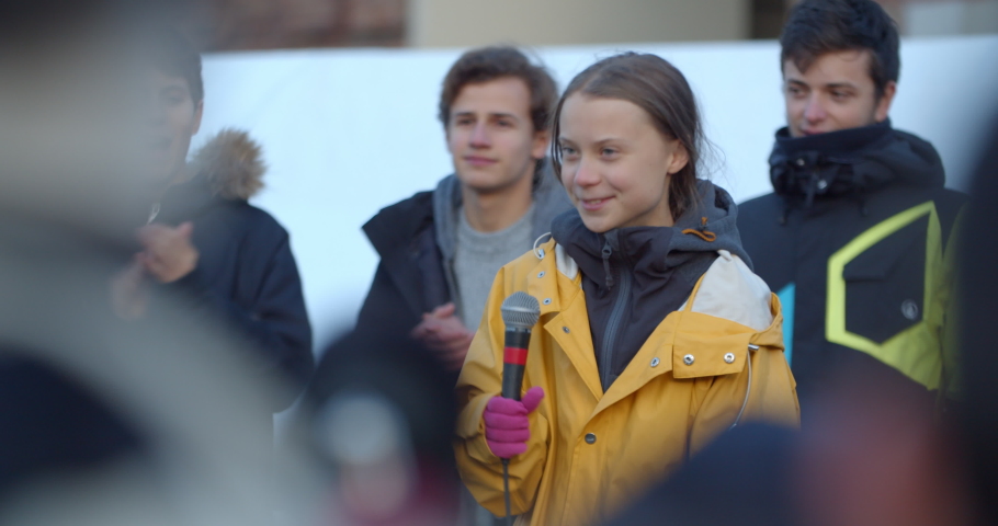 Greta Thunberg Global Strike Speech About Climate Changes and Eco Activism. People Applauding. TURIN, ITALY - DECEMBER 13, 2019 