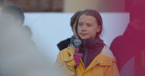 Greta Thunberg With Powerful Speech About Climate Change, Activism, Climate Protest, Global Warming, Demonstration of picketers. TURIN, ITALY - DECEMBER 13, 2019 TURIN, ITALY - DECEMBER 13, 2019 