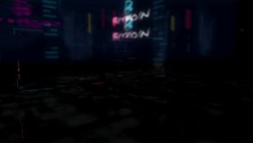 Bitcoin symbol futuristic cyberpunk style animation. Abstract modern city 3d rendering with glitch effect. Modern cyberspace intro internet safety, firewall and computer protection. - Powered by Shutterstock - Get 15% off with code: PIKWIZARD15