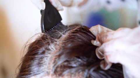 Close-up of stylist hands using professional hairbrush and dyeing hair roots of young female client. Stylish and high-quality tint in beauty salon, the process of applying color on hair. Haircare