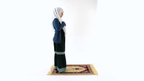 Worshiper Muslim Woman Kneeling and Prostrating in Namaz, White Background
