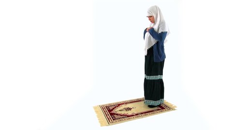 Worshiper Muslim Woman Kneeling and Prostrating in Namaz, White Background