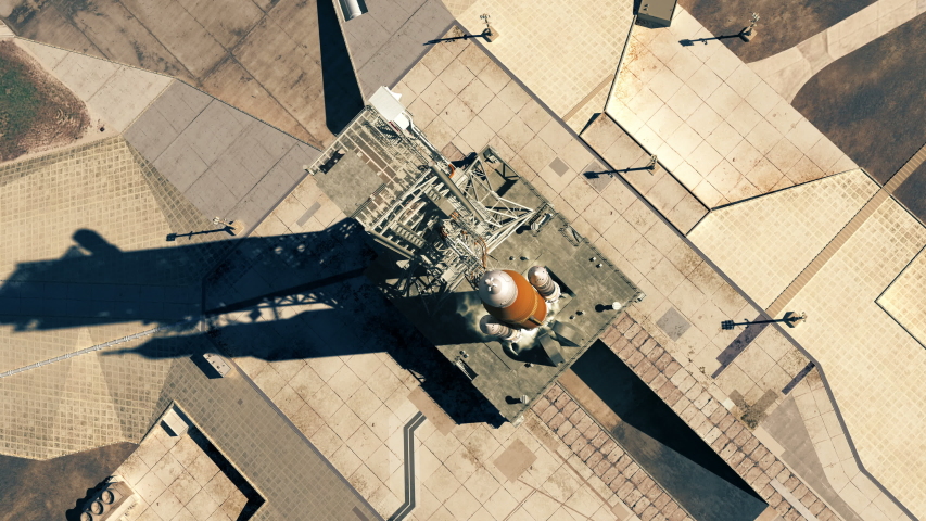 Launch Of Heavy Carrier Rocket (Space Launch System). Aerial View. Slow Motion. 3D Animation. 4K. Ultra High Definition. 3840x2160.