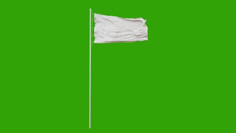 Blank plain white flag waving in the wind, surrender flag 3D animation with green screen. 4K