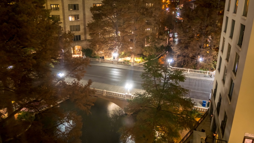 Aerial Night Time Lapse of San Antonio River Walk  From Hotel Window
