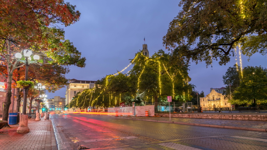 Sunset Time Lapse of Alamo Area Street With Holidays Lights Decoration