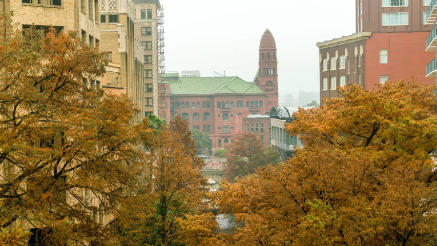Time Lapse Along the San Antonio River Walk Looking At the Courthouse WIth Dense Fog