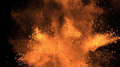 Super Slowmotion Shot of Orange Powder Explosion Isolated on Black Background at 1000fps.