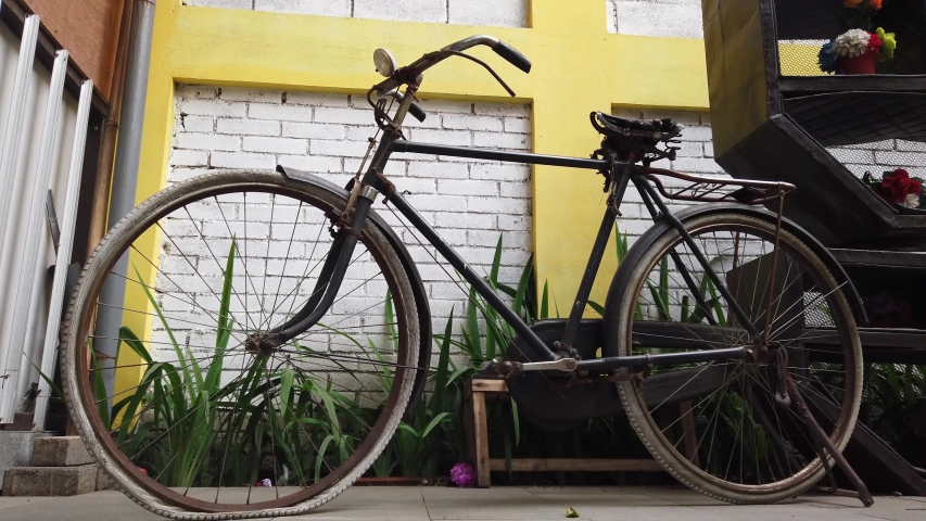 Established Shot Of Antique Old Bicycle, Retro Rusty Stuff for Nostalgia