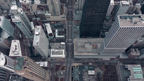Overhead aerial view above Michigan avenue with skyscrapers in Chicago. Famous shopping destination