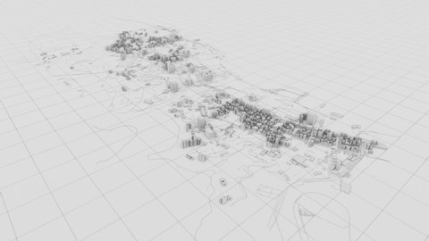 Building an abstract white 3D city with buildings and roads in virtual space. 3D rendering video. Aerial view. Construction concept. Outline style