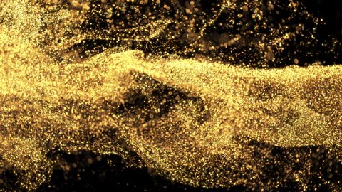 Sparkling glitter drops in water. Shiny golden particles swirling underwater in slow motion. Glamour art background. Abstract flowing glittering fluid liquid animation. Isolated on black alpha channel