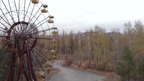 Chernobyl Exclusion Zone. Pripyat. Aerial. Abandoned ferris wheel.
