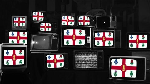 Flags of Montreal, Canada, and Retro TVs. Black and White Tone. 