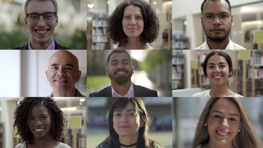 Collage of happy man and women smiling at camera. Multiscreen montage of cheerful diverse people posing and smiling at camera. Facial expression concept
