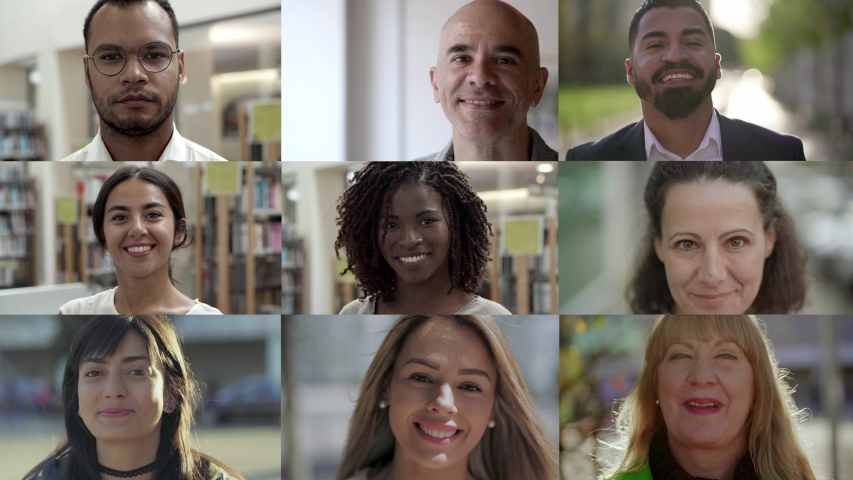 People in casual clothing and formal wear looking at camera. Split screen collage of cheerful multiethnic people talking, posing and looking at camera. Facial expression concept