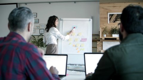 Managing director explaining strategy to coworkers. Confident businesswoman standing near board with flowchart made from sticky notes. Business strategy concept