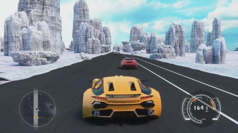 Speed Racing 3d Video Game With Interface. Sports Cars Compete On The Road In Winter. Gameplay Screen.