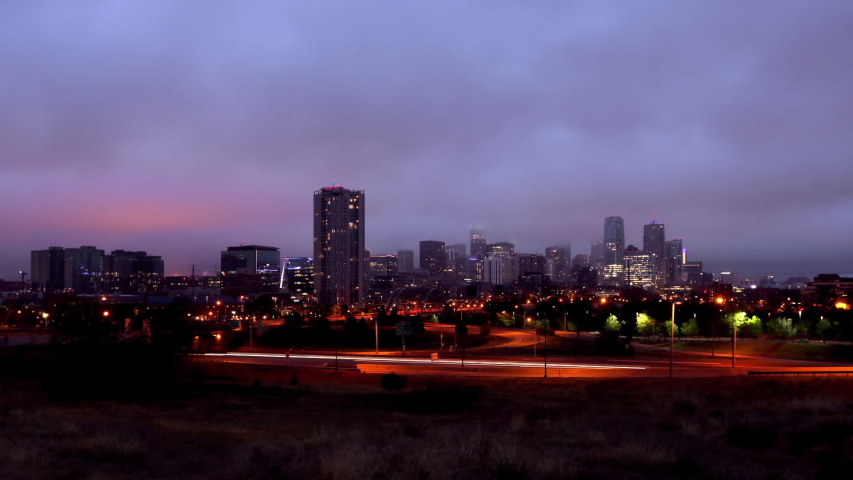 Cinemagraph of Denver Skyline in Fog at Sunrise Time Lapse