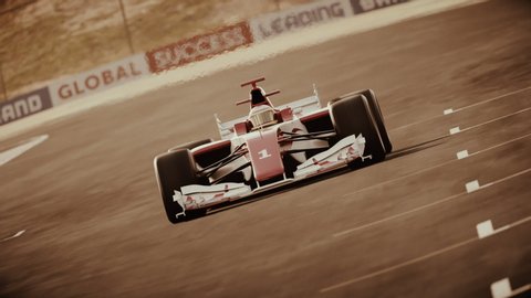 Dynamic tracking shot of a generic formula one race car driving over the finish line - retro style - realistic high quality 3d animation
