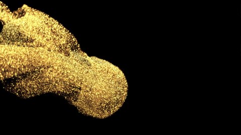 Sparkling glitter drops in water. Shiny golden particles swirling underwater in slow motion. Glamour art background. Abstract flowing glittering fluid liquid animation. Isolated on black alpha channel