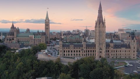 Aerial: the Library of Parliament and the Ottawa city skyline. Ontario, Canada. 11 September 2019 