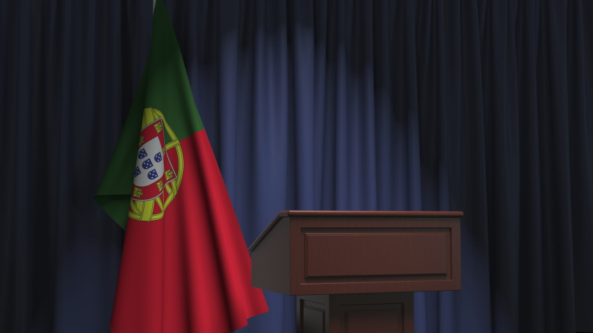 Flag of Portugal and speaker podium tribune. Political event or statement related conceptual 3D animation