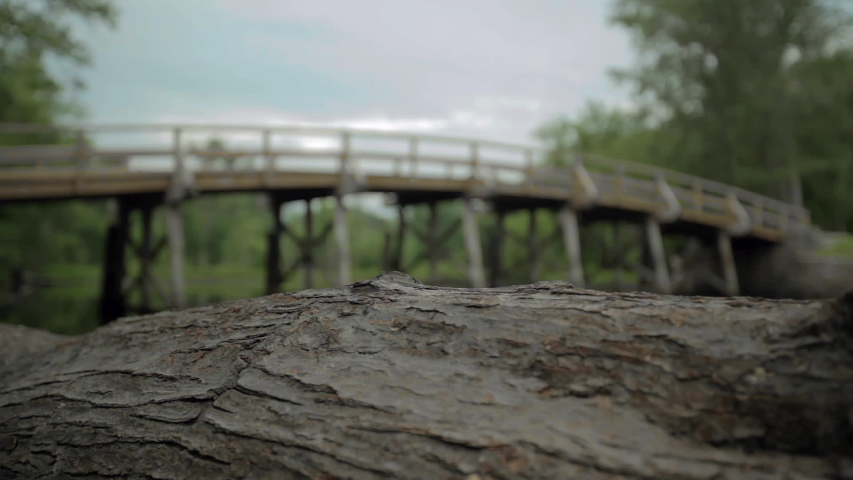 Old North Bridge with fallen tree log in focus in foreground 